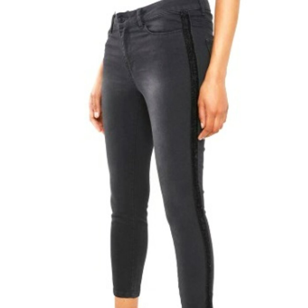 VeraModa black midrise slim Velvet tux stripe ankle jean size 26